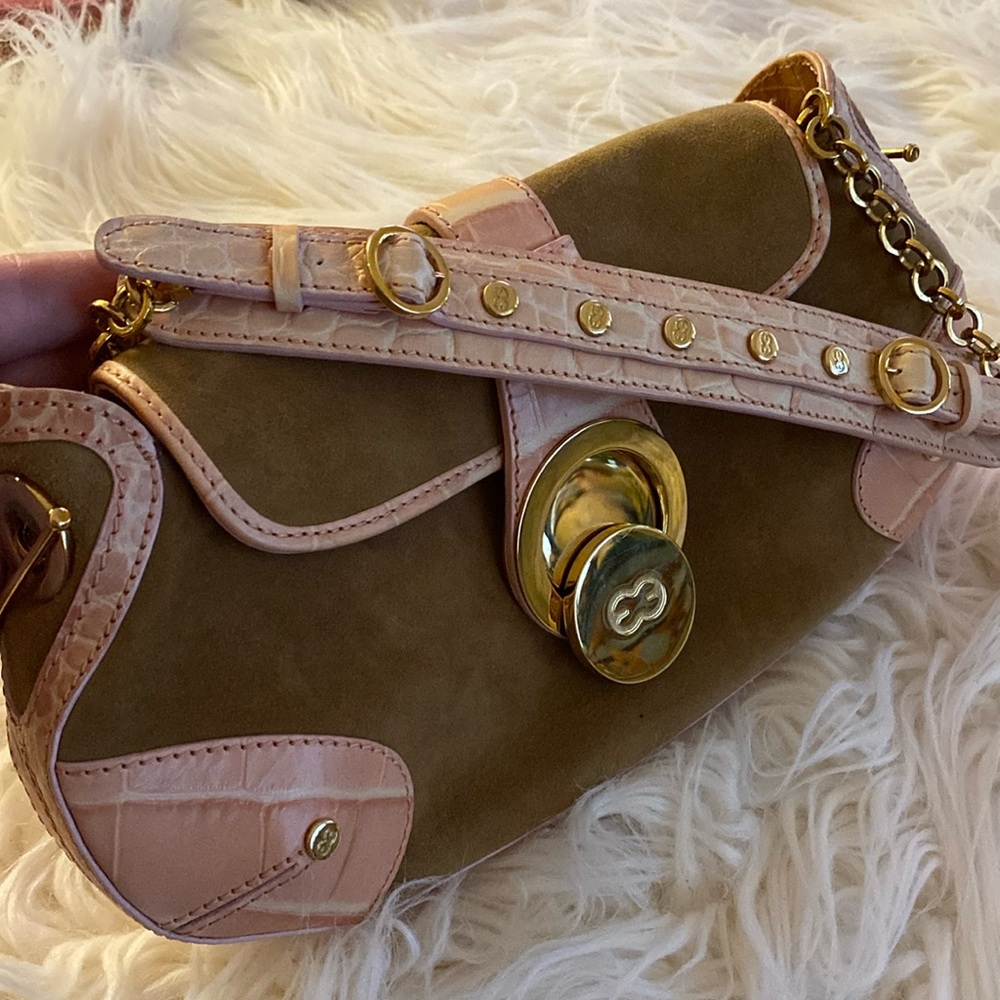 Escada Olive Suede Hobo with Blush Pink Trim and Gold Hardware